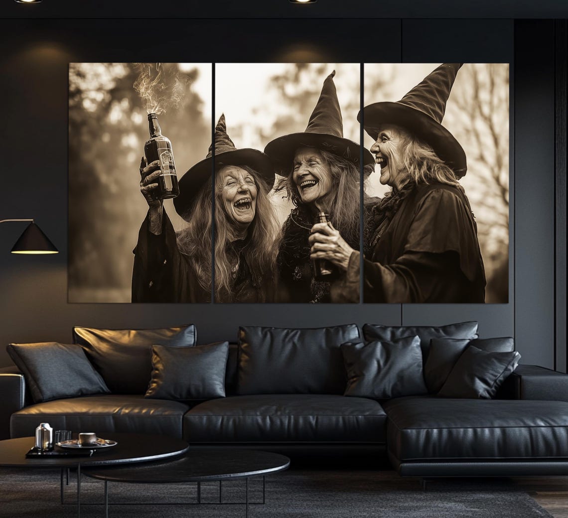 Three Old Witches Laughing Vintage Sepia Photo Style Gothic Wall Art - Image 6