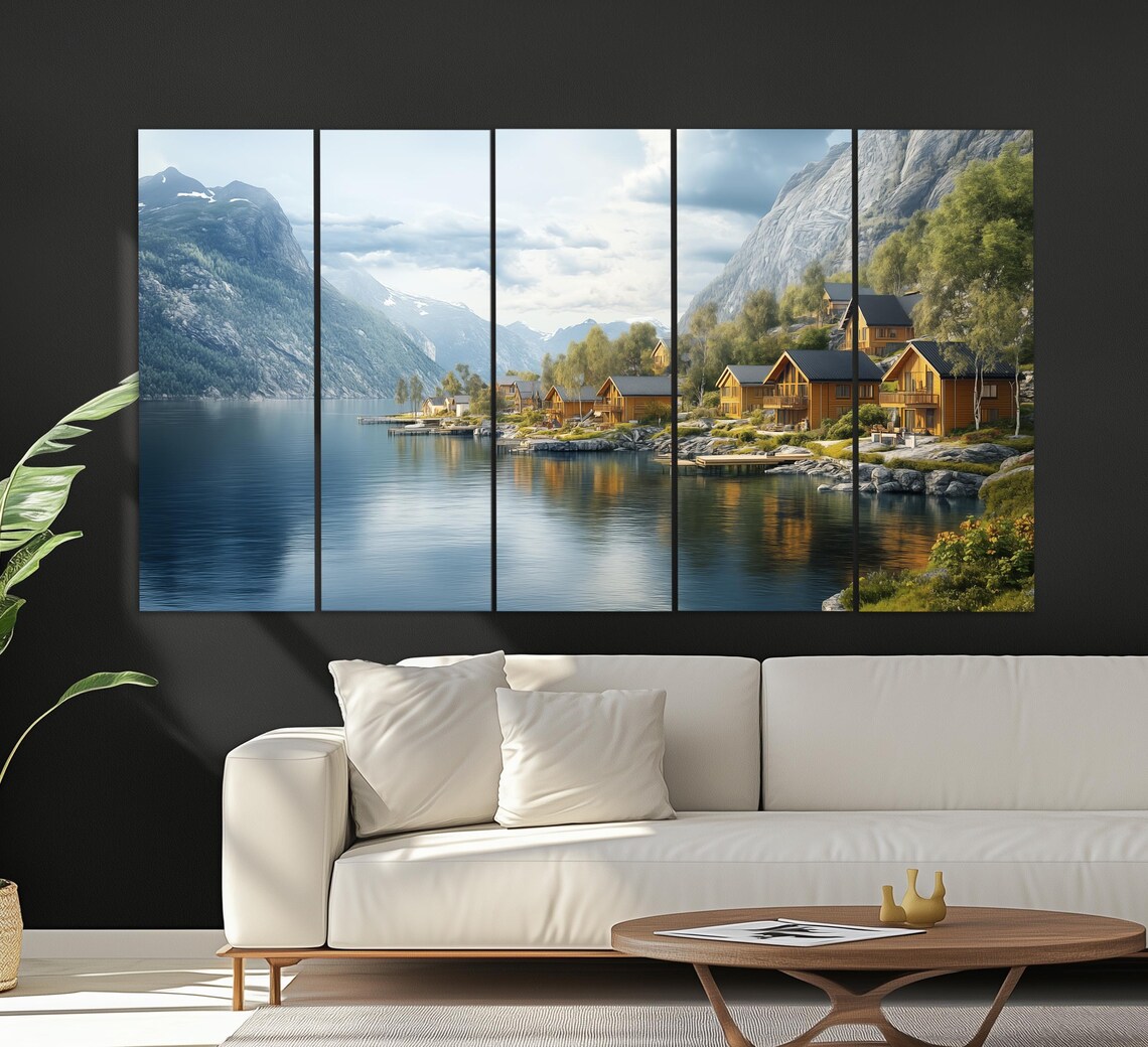 Norwegian Fjord Village Wooden Cabins By Calm Water And Cliffs Poster - Image 5