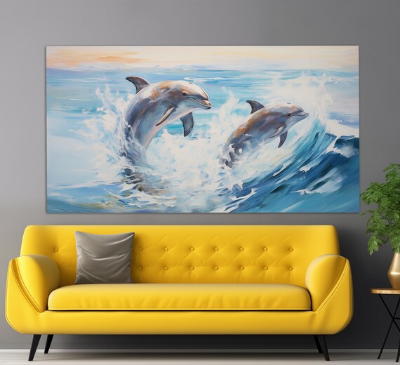 Dolphin Pair Leaping Ocean Waves Sunrise Blue Oil Painting Wall Art