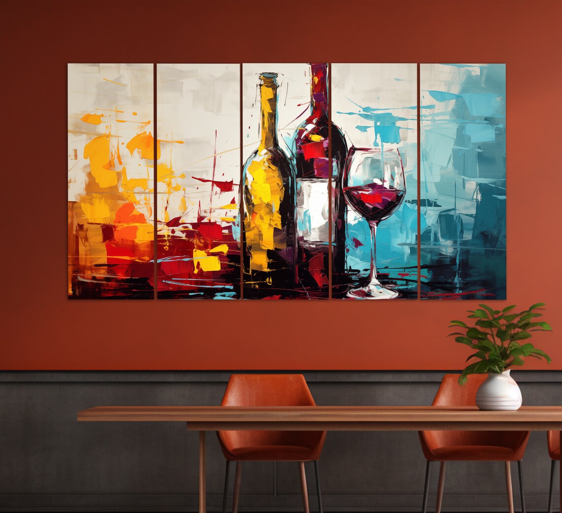 Abstract Wine Bottles And Glass Oil Painting Style Colorful Kitchen Wall Art - Image 4