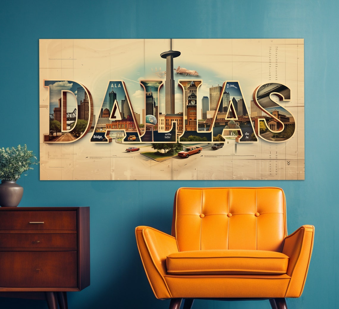 Dallas Texas Landmark Letters City Collage Vintage Style Travel Poster - Image 3