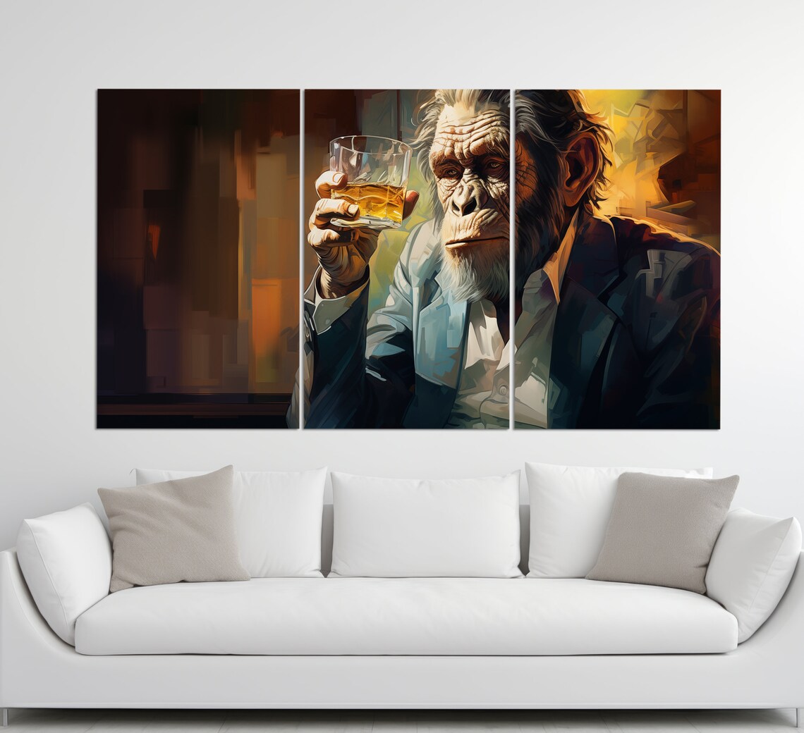 Chimpanzee In Suit Holding Glass Of Whiskey Humorous Office Bar Wall Art - Image 2