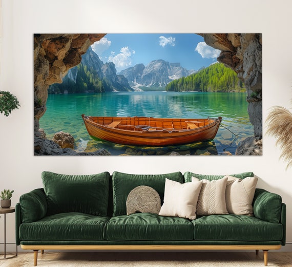 Scenic Lake Landscape With Wooden Boat Print Nature Wall Decor Bedroom Wall Decor Old Boat Painting Lake Wall Art Nature