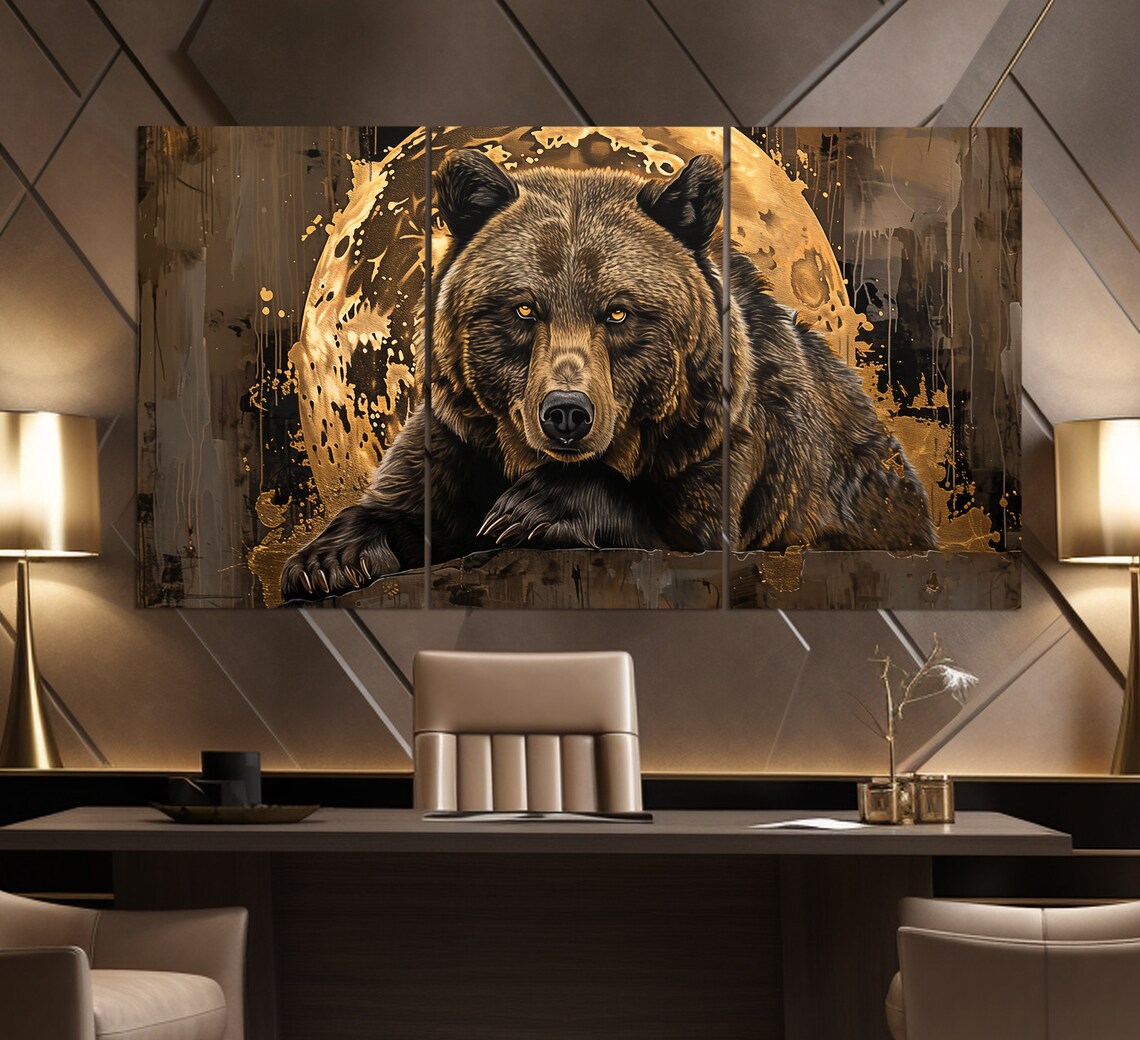Grizzly Bear Resting Before Golden Full Moon Dramatic Wildlife Art Poster - Image 2
