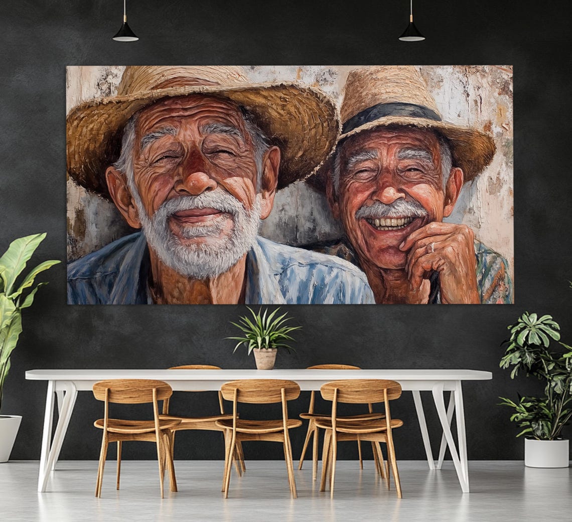 Two Smiling Old Men Straw Hats Portrait Friendship Warmth Art Poster