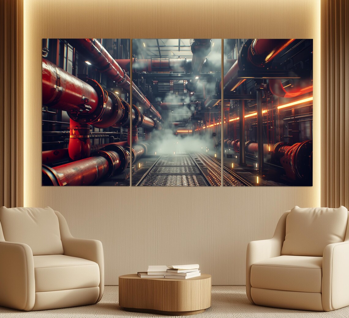 Dark Industrial Pipes Corridor Steam Orange Lights Moody Wall Art - Image 6