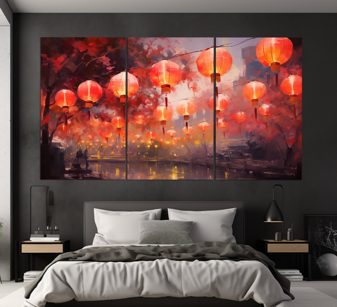 Chinese Lantern Festival Print In An Vintage Oil Painting Style Chinese Wall Art Chinese Lanterns Painting Chinese Art - Image 3