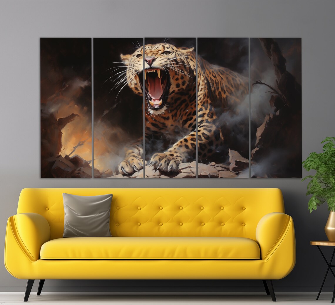 Roaring Leopard Dramatic Vintage Oil Painting Powerful Big Cat Wall Art Print - Image 2