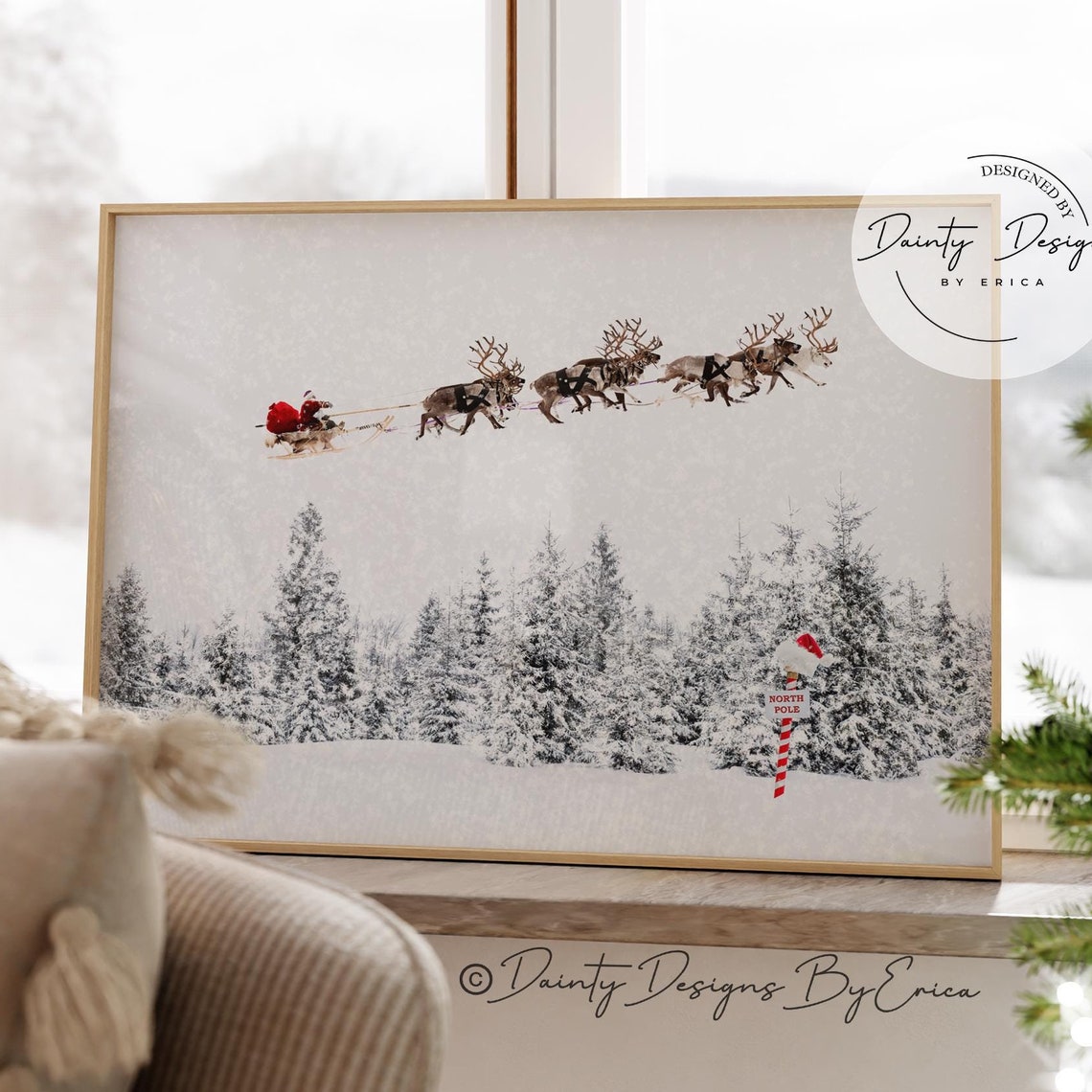 Santa Sleigh Reindeer Snowy Forest North Pole Beautiful Poster