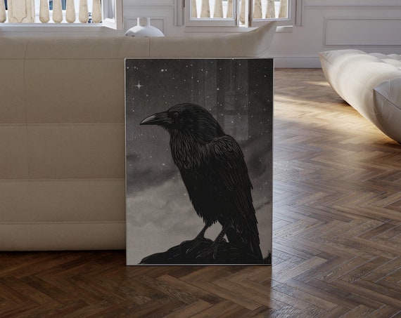 Moody Raven Halloween Art Print Dark Aesthetic Apartment Wall Art Spooky Halloween Wall Decor Black Crow Wall Art 0527
