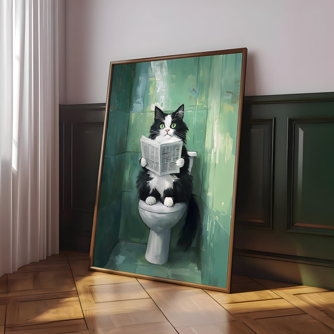 Tuxedo Cat Bathroom Art Print Funny Toilet Newspaper Wall Decor