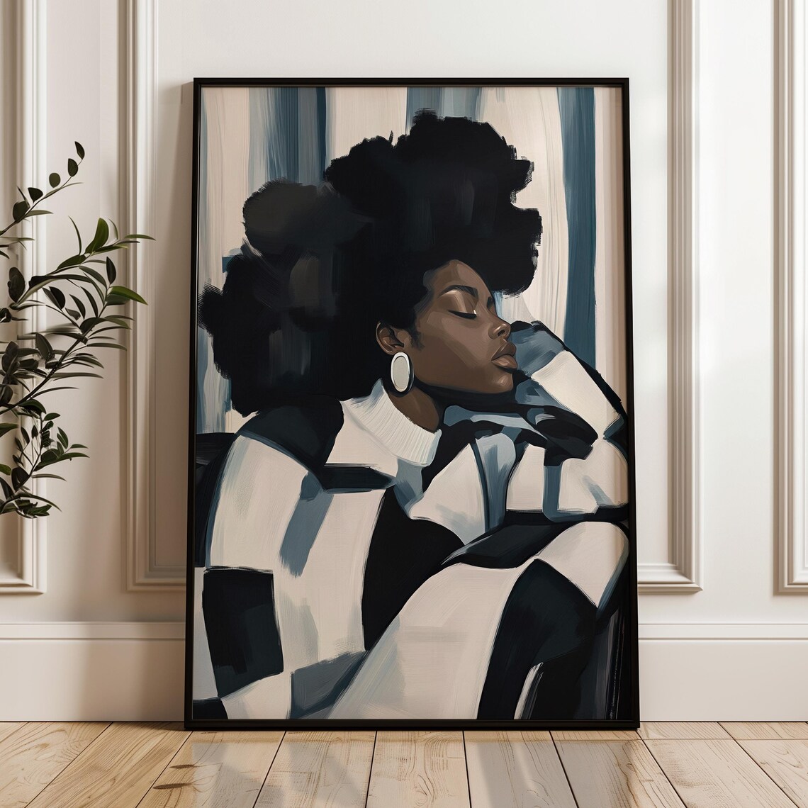 Contemplative Afro Woman Portrait, Abstract Modern Art Print