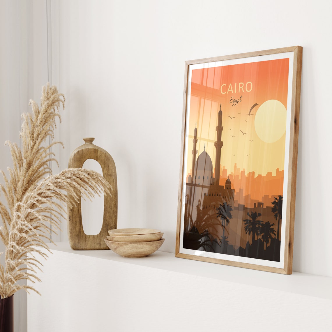 Cairo Egypt Poster Mosque Minarets Sunset Palm Silhouette Art - Image 2