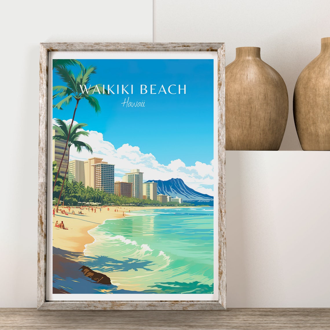 Waikiki Beach Hawaii Diamond Head Palm Sandy Shore Travel Poster - Image 2