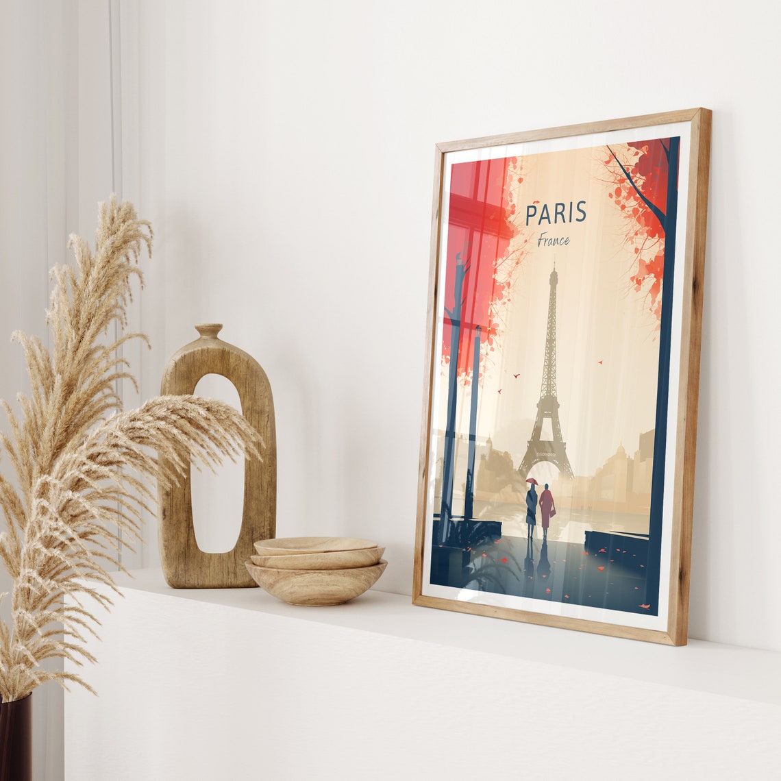 Paris France Poster Eiffel Tower Autumn Leaves Couple Stroll Art - Image 2