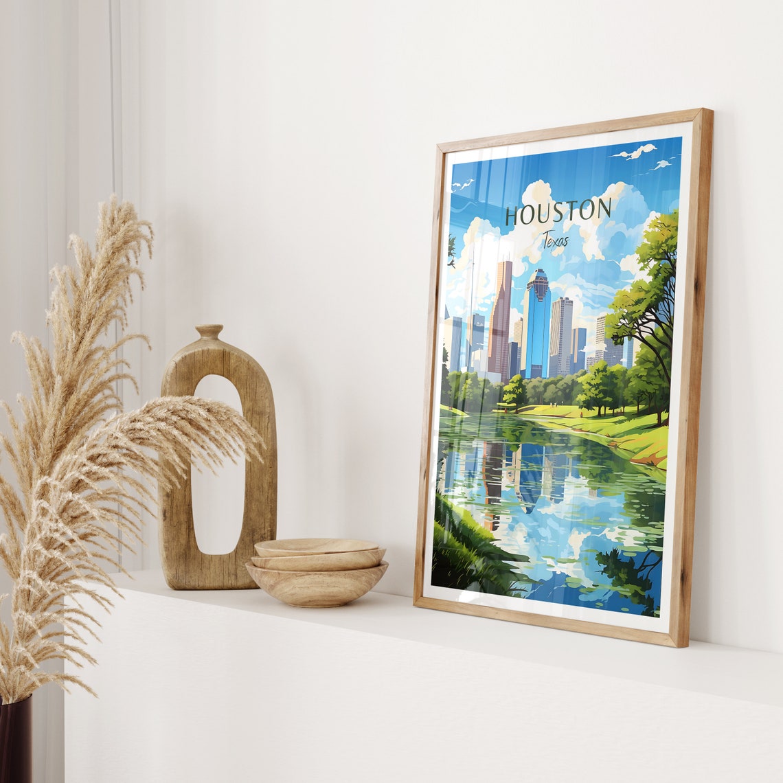 Houston Texas Downtown Skyline Park Lake Reflection Travel Poster - Image 2