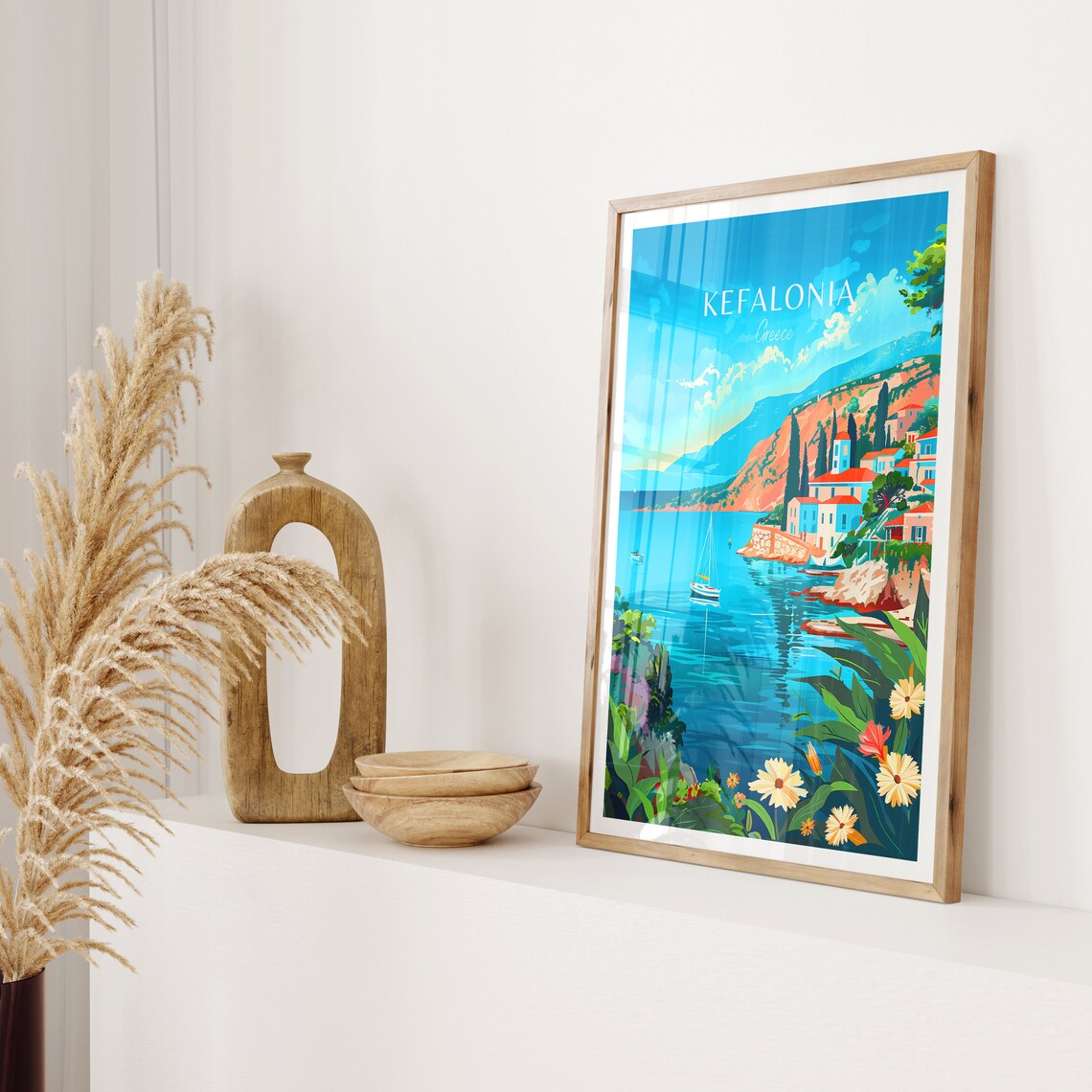 Kefalonia Greece Harbor Village Sailboats Seascape Travel Art Poster - Image 2