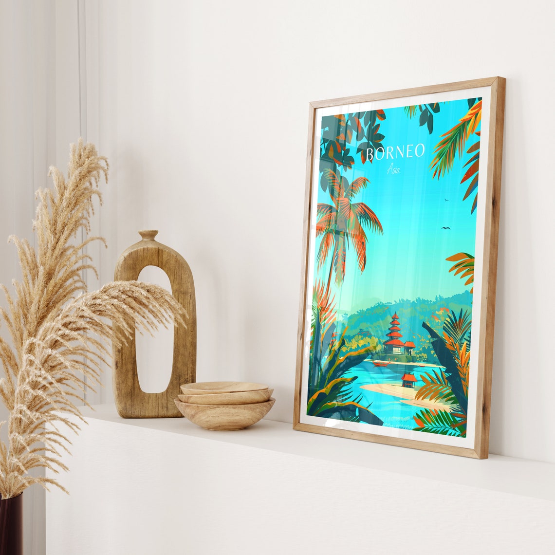 Borneo Asia Tropical Pagoda Temple Lakeside Palm Jungle Travel Poster - Image 2
