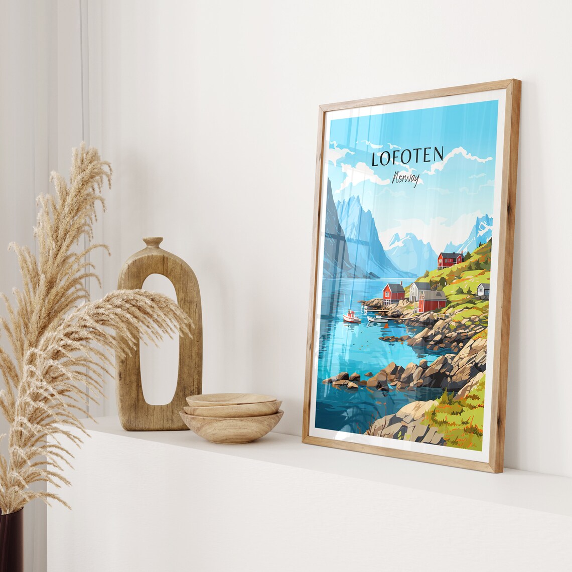 Lofoten Norway Red Fishing Cabins Fjord Peaks Vintage Travel Poster - Image 2
