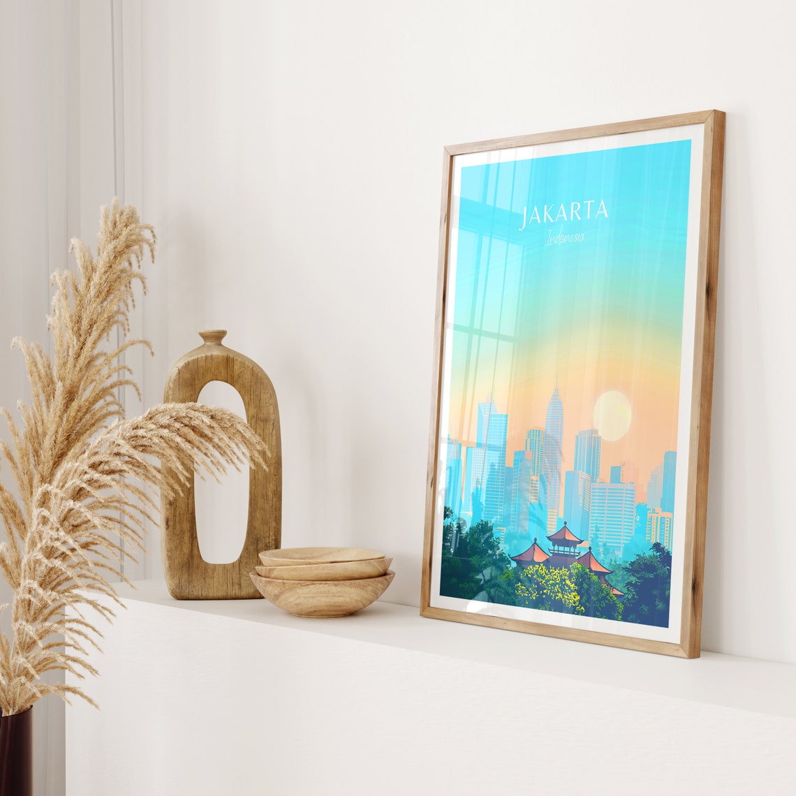 Jakarta Indonesia Golden Hour Skyline at Sunset with Pagoda Poster - Image 2