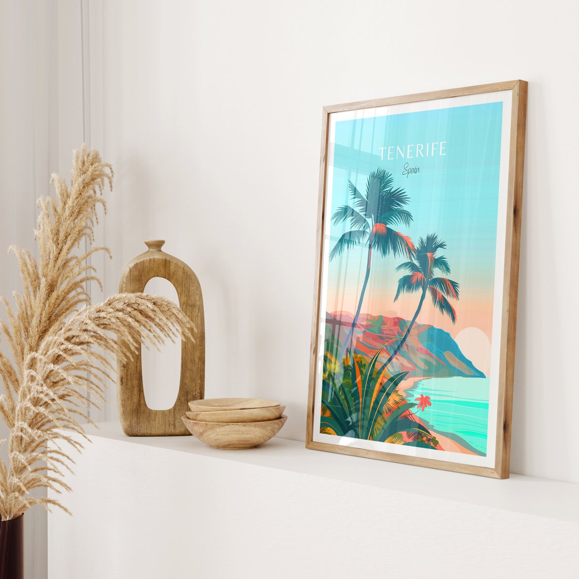 Tenerife Spain Sunset Beach Palm Trees Tropical Coastline Poster - Image 2