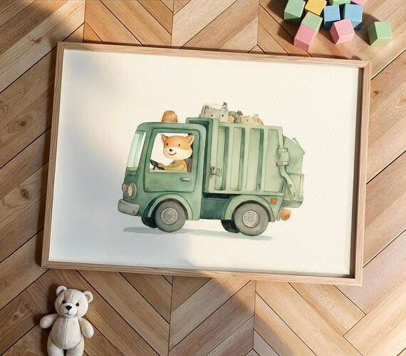 Cute Fox Driving Garbage Truck Nursery Watercolor Kids Room Art Print