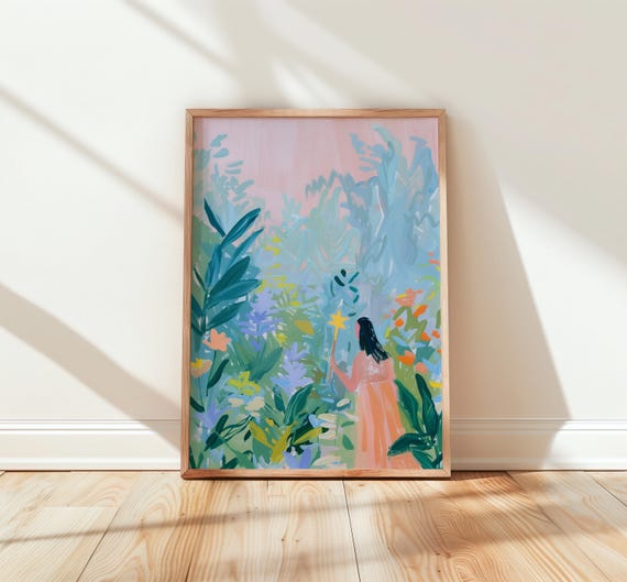 Dreamy Pastel Garden Art Nursery Wall Decor Child In Enchanted Landscape Watercolor Soft Blush Tones Print 266