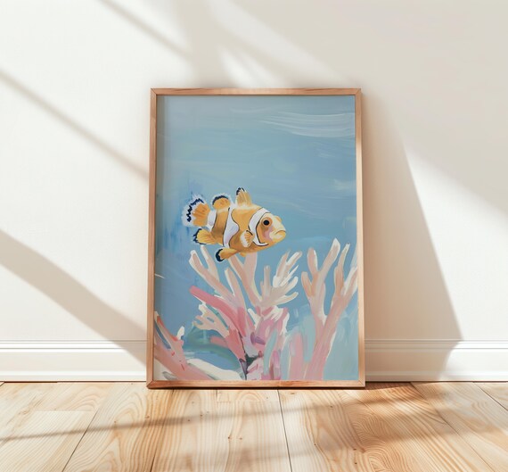 Watercolor Baby Clownfish In Coral Gentle Seafoam And Peach Tranquil Ocean Scene Coastal Wall Art For Beachy Decor 296