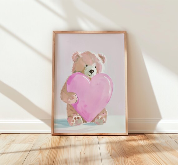 Baby Bear Hugging Pink Heart Watercolor Nursery Poster Decor