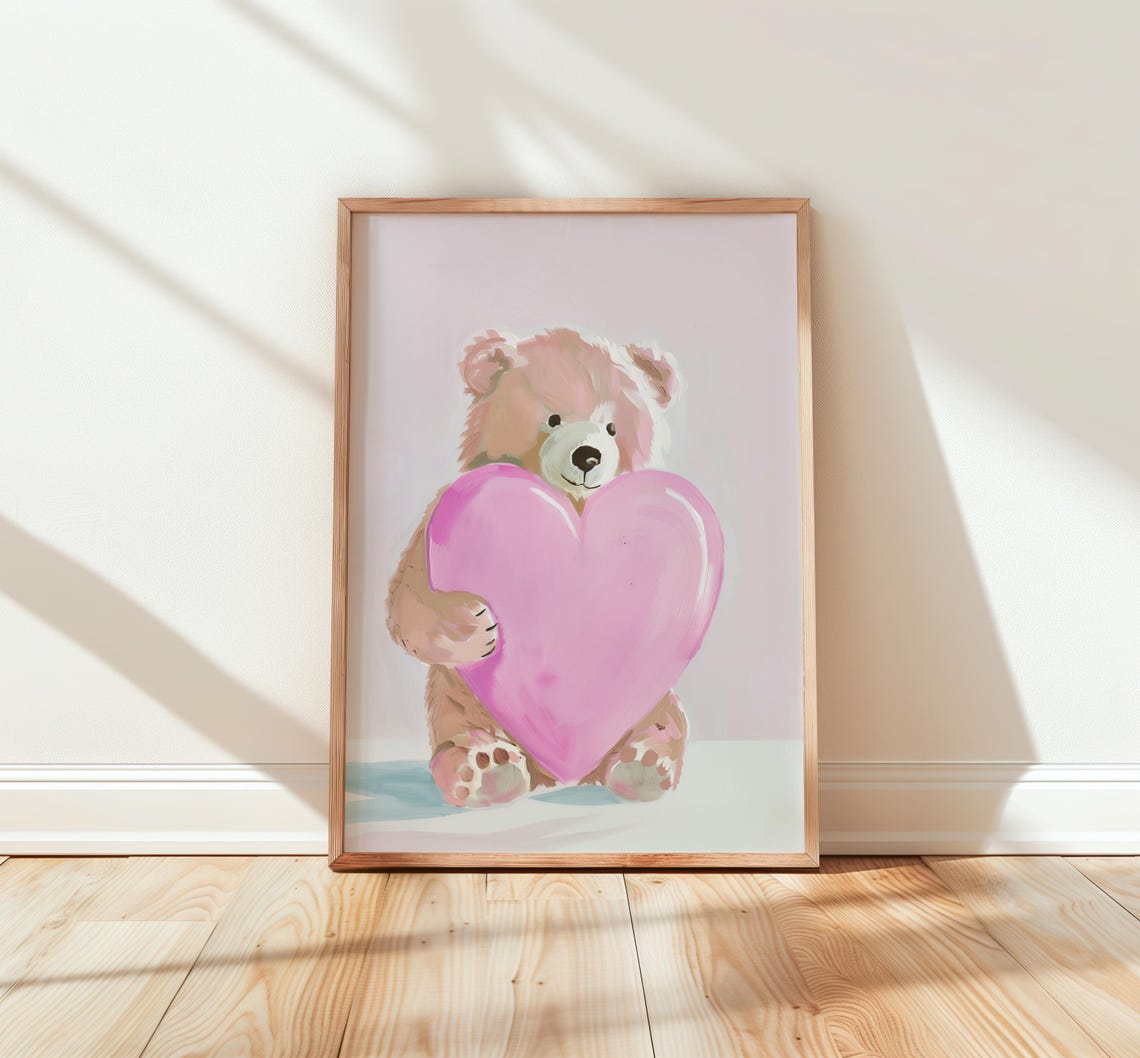 Baby Bear Hugging Pink Heart Watercolor Nursery Poster Decor
