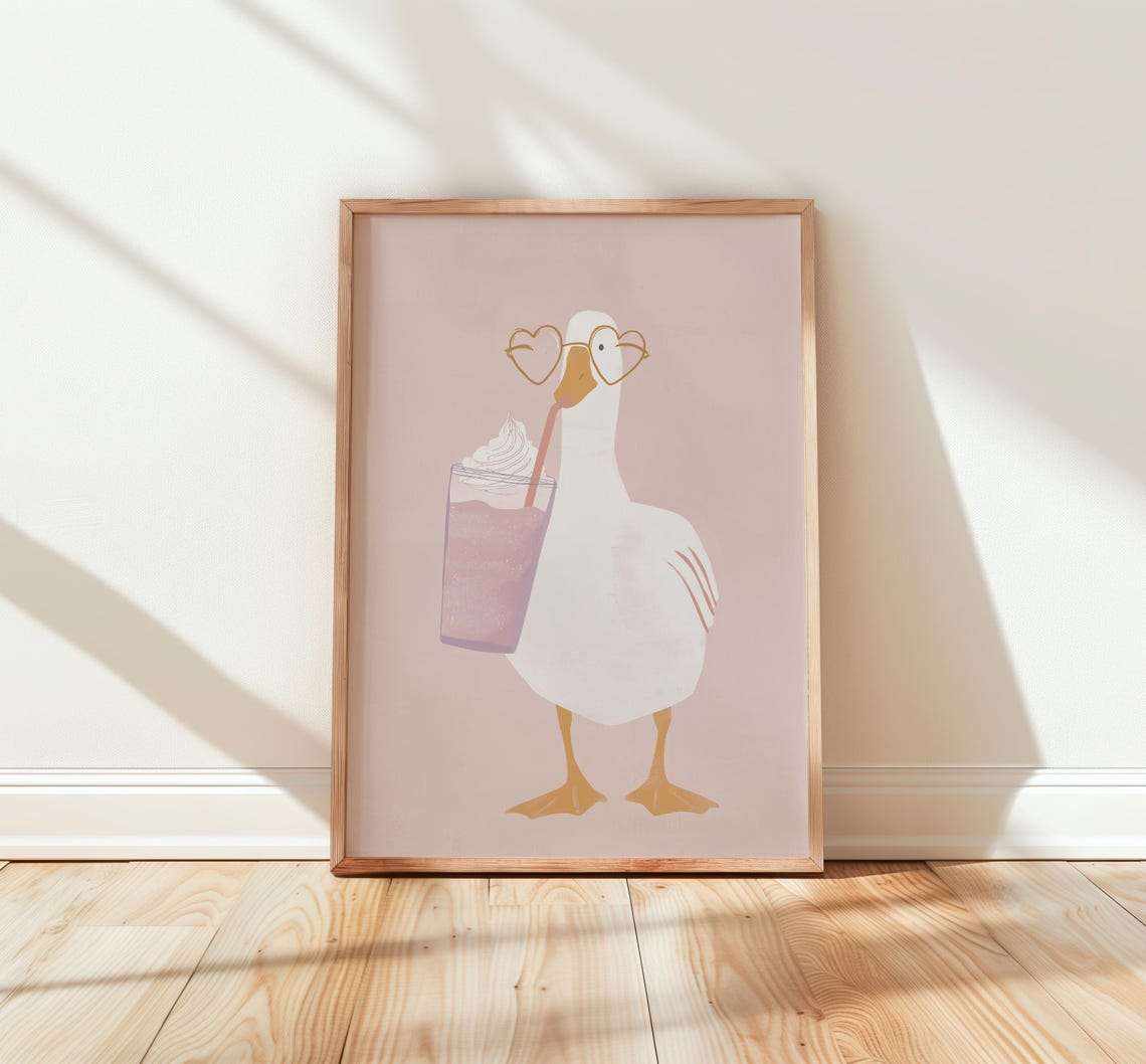 Cute Duck in Heart Sunglasses Sipping Milkshake Nursery Poster