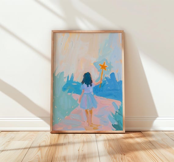 Dreamy Pastel Nursery Wall Art Child Holding Star Wand Soft Blush Tones Watercolor Magical Kids Room Decor Fairytale 265