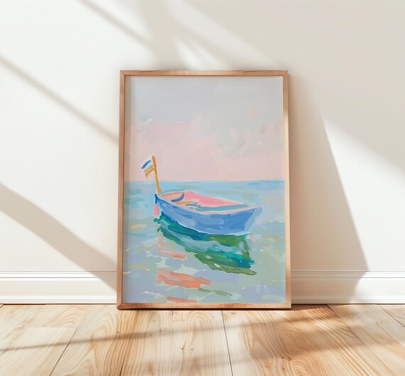 Pastel Rowboat Calm Water Dreamy Nursery Coastal Boating Art Poster