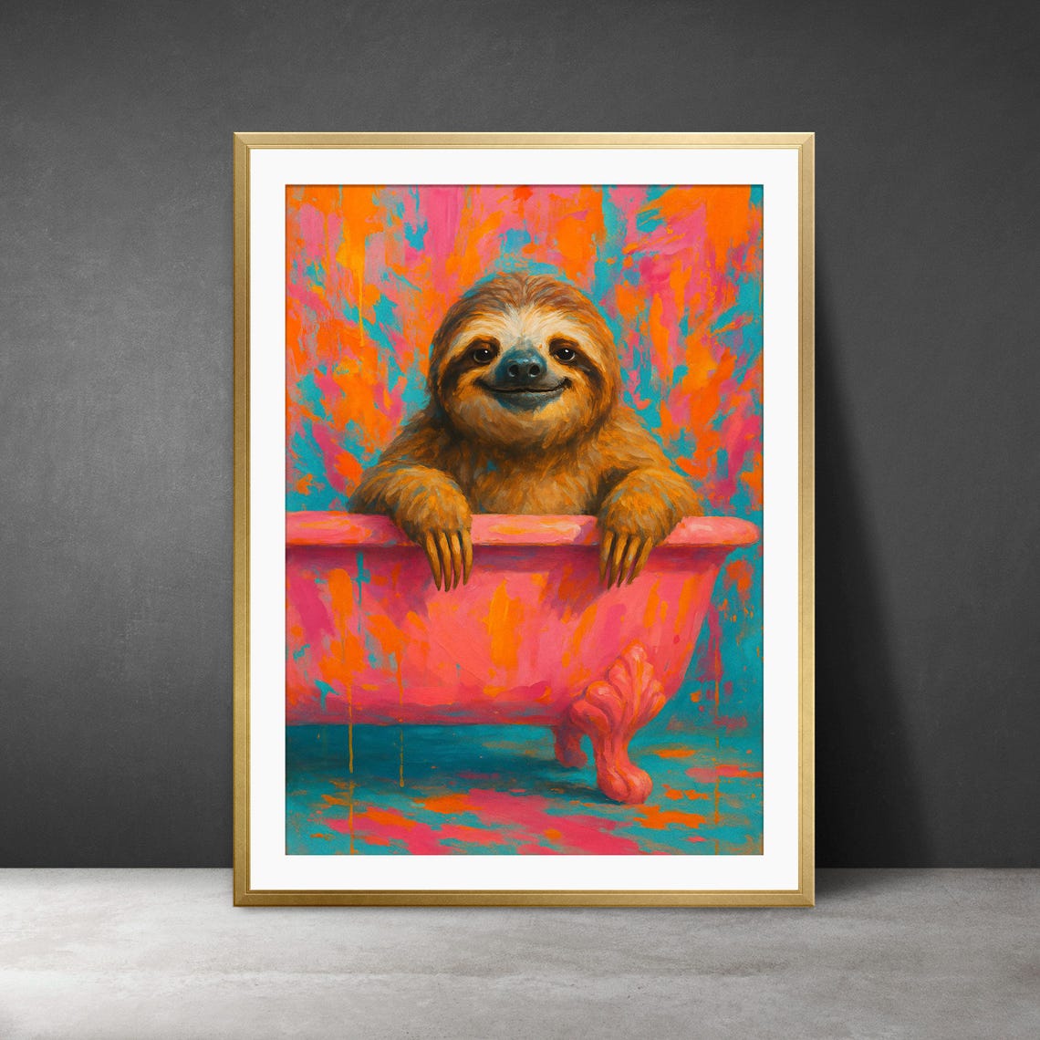 Smiling Sloth In Bathtub Art Print Colorful Bathroom Decor Instant