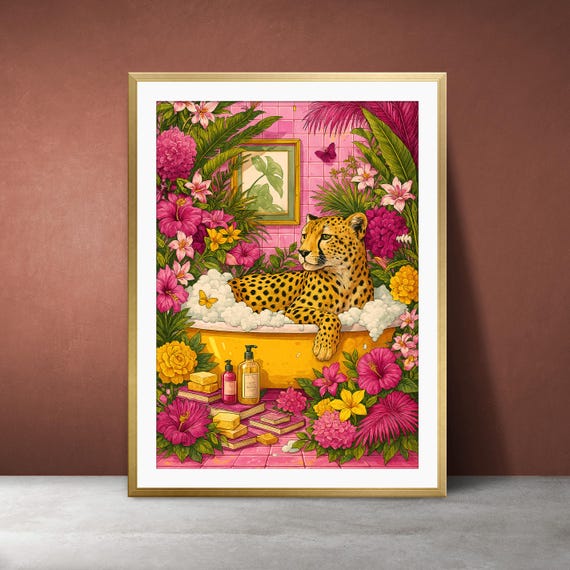Cheetah Bathroom Art Print Whimsical Pink Botanical Decor