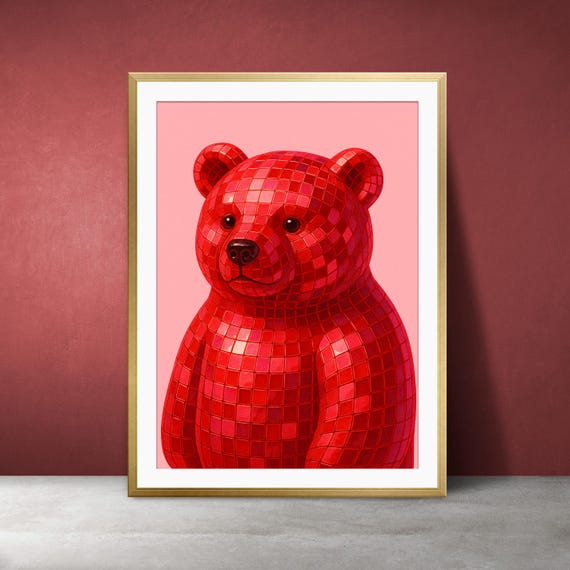 Disco Bear Pop Art Print Red Mosaic Pink Y2k Decor
