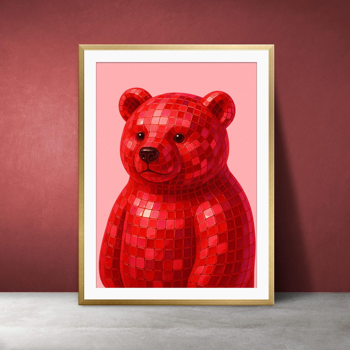 Disco Bear Pop Art Print Red Mosaic Pink Y2k Decor