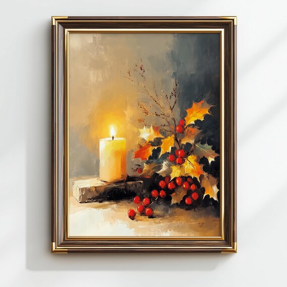 Glowing Candle Red Berries Golden Still Life Oil Painting Poster