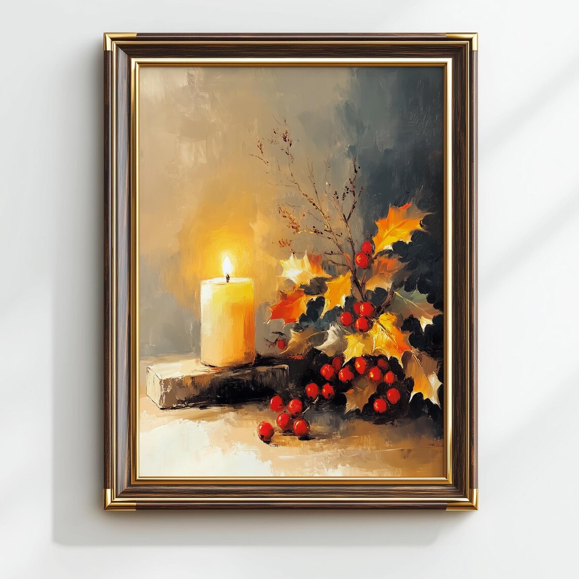 Glowing Candle Red Berries Golden Still Life Oil Painting Poster