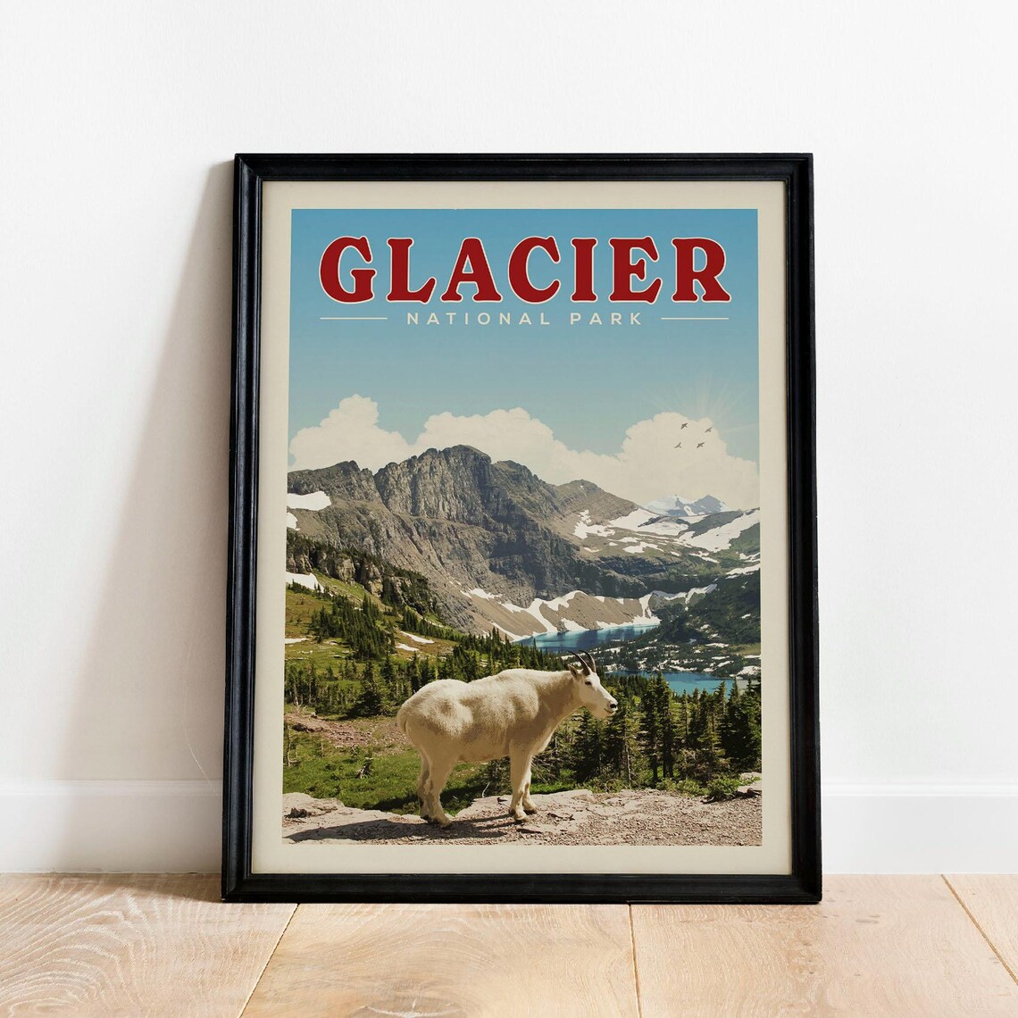 Glacier National Park Poster Mountain Goat Alpine Lake Vintage Travel Art