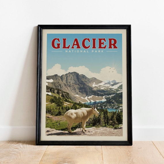 Glacier National Park Poster Mountain Goat Alpine Lake Vintage Travel Art