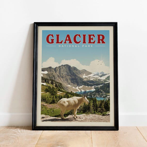 Glacier National Park Wall Art Print Vintage Poster For Rustic Garage Decor