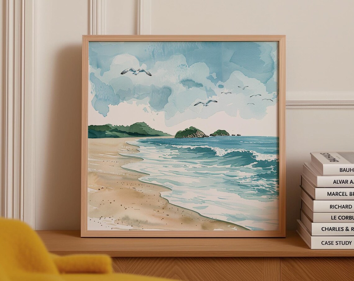 Neutral Watercolor Beach Seagulls Islands Serene Coastal Poster