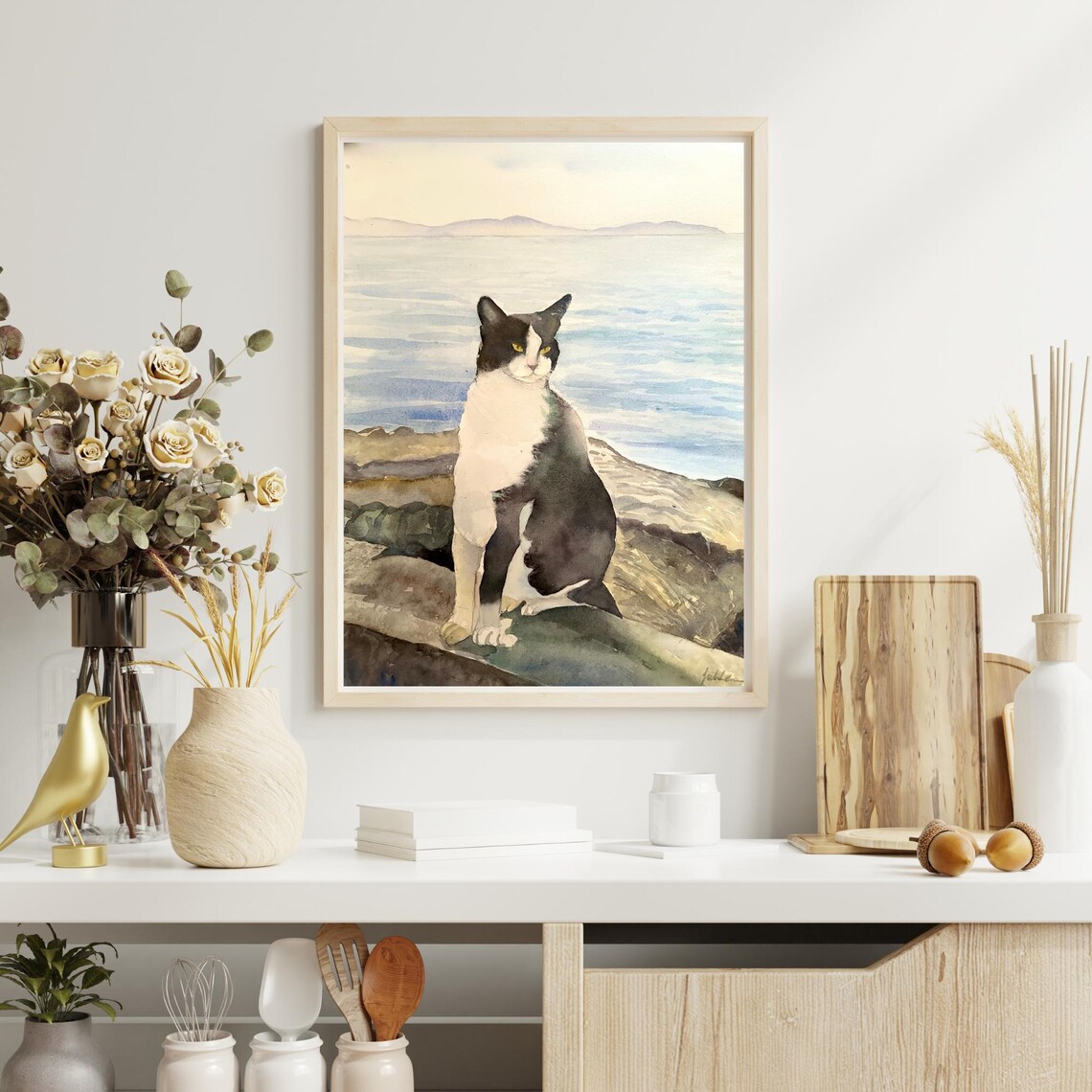 Black and White Tuxedo Cat by the Sea Watercolor Pet Portrait Poster - Image 4
