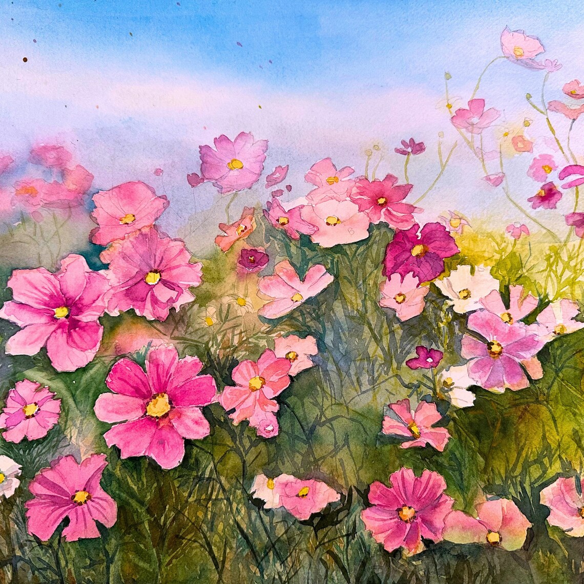 Pink Cosmos Flowers Field Under Blue Sky Watercolor Floral Poster - Image 4