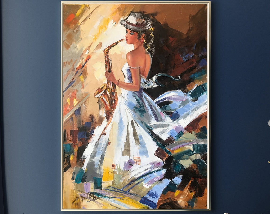 Elegant Woman Oil Painting Original Female Art Work Saxophonist Gifts Woman Playing Saxophone Painting Jazz Wall Art Saxophone Gifts