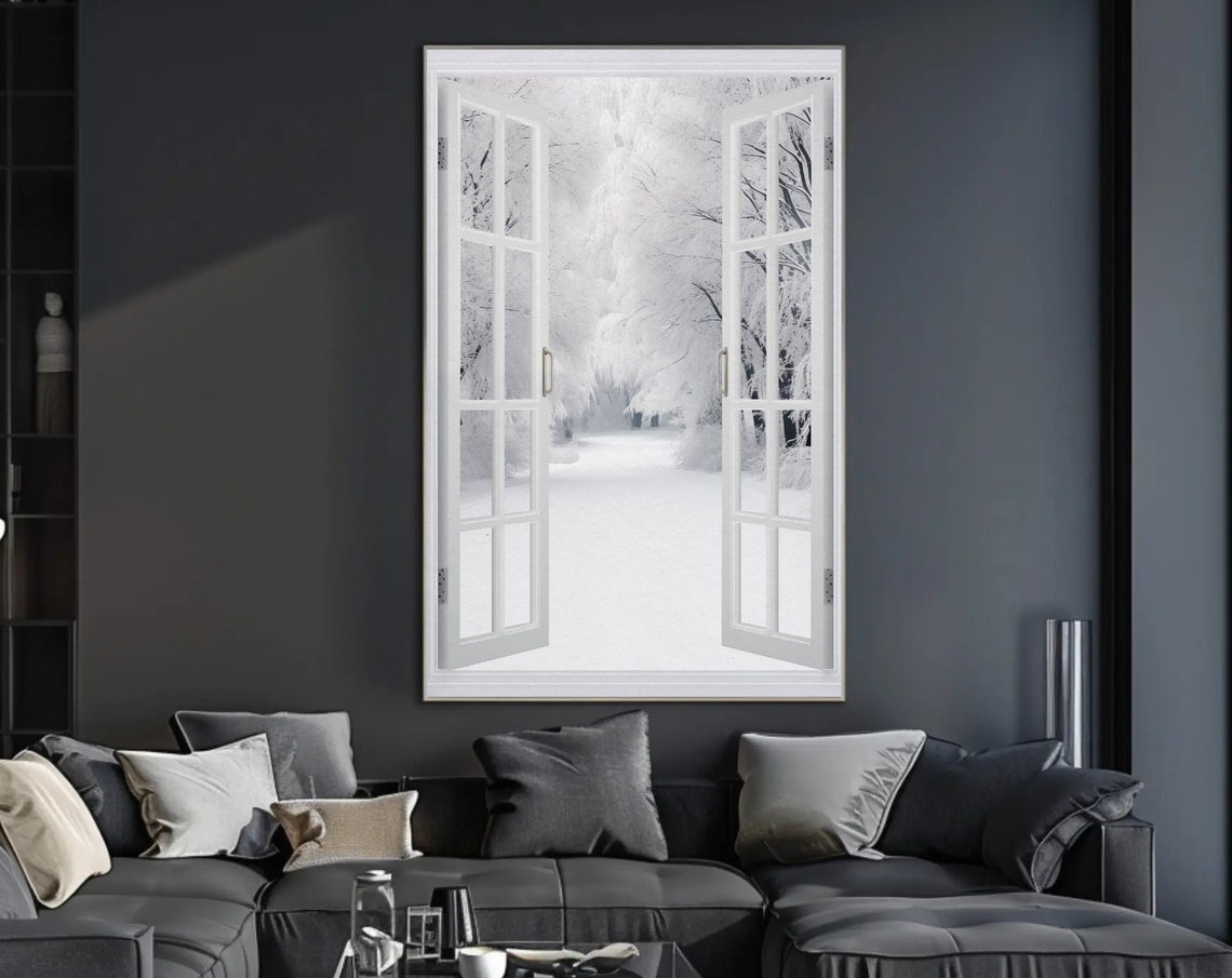 Snowy Forest Faux Window Open Window White Winter Scene Poster