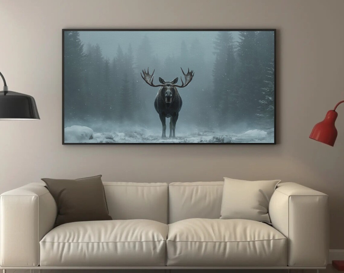 Majestic Moose Standing Alone in a Dark Snowy Winter Forest Poster