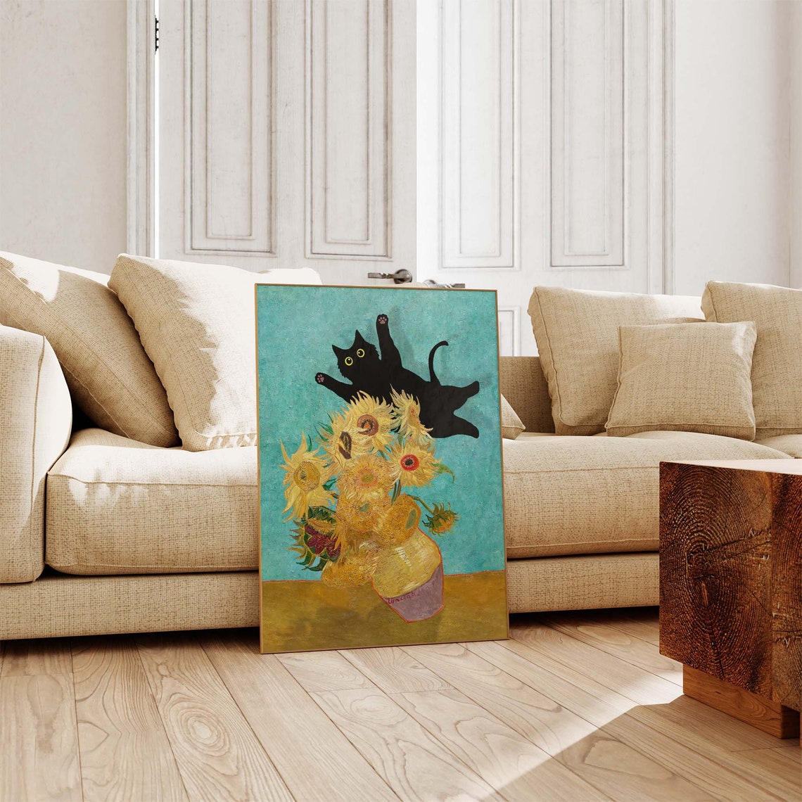 Black Cat Leaping Over Van Gogh Sunflower Vase Fun Art Poster - Image 4