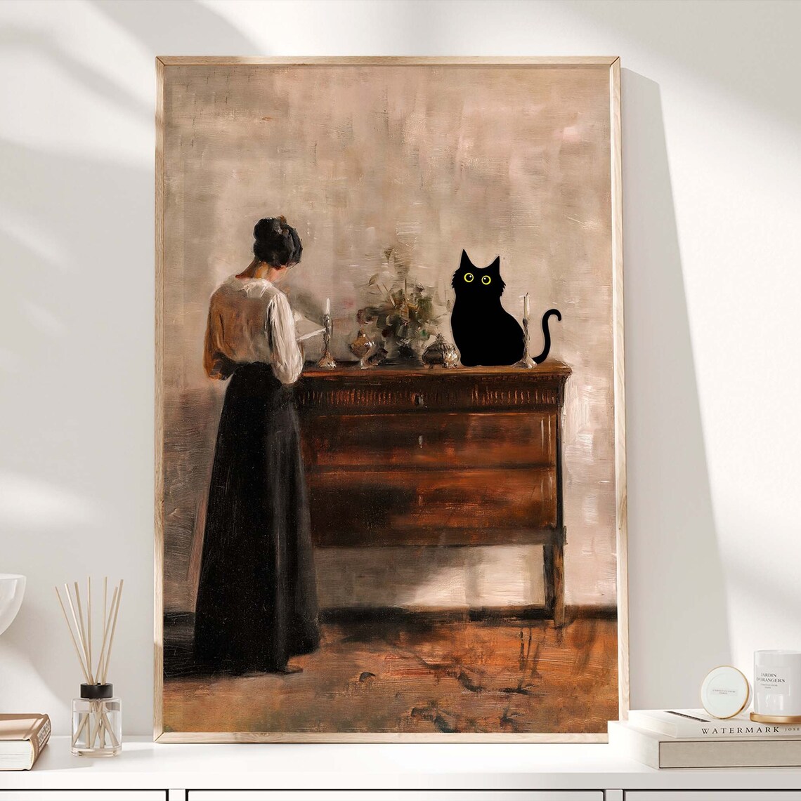 Black Cat Sitting on Dresser Vintage Interior Oil Painting Poster - Image 2